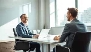 Headhunter München im modernen Büro, berät einen Kandidaten mit Desktop-Technologie.