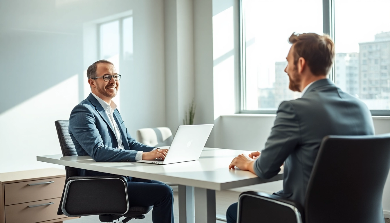 Headhunter München im modernen Büro, berät einen Kandidaten mit Desktop-Technologie.