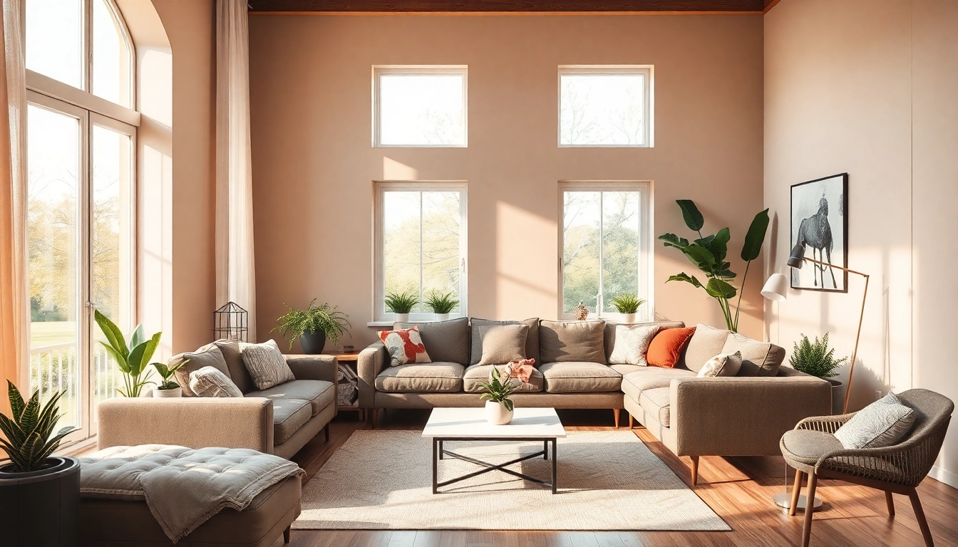 Raumgestaltung in einem modernen Wohnzimmer mit eleganter Sitzlandschaft und warmen Farbtönen.