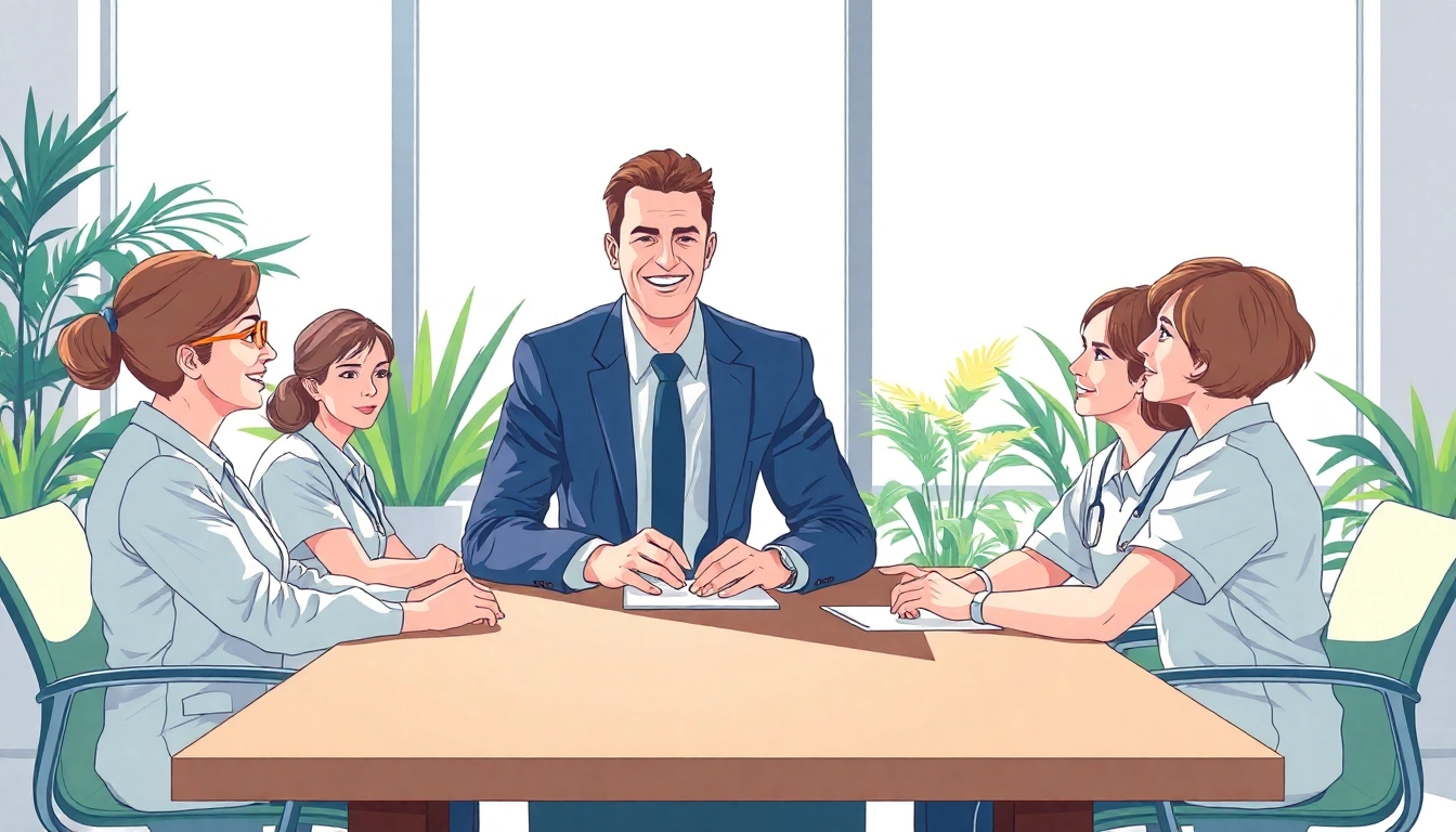 Professioneller Headhunter Pflegekräfte berät Pflegekräfte in einem modernen Büro.