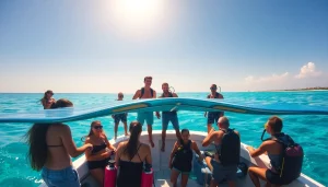 Tauchschule Playa del Carmen zeigt Taucher auf einem Boot, bereit für das große Abenteuer im türkisfarbenen Wasser.