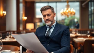 Headhunter Gastronomie betrachtet Bewerbungsunterlagen in einem eleganten Restaurant-Setting.