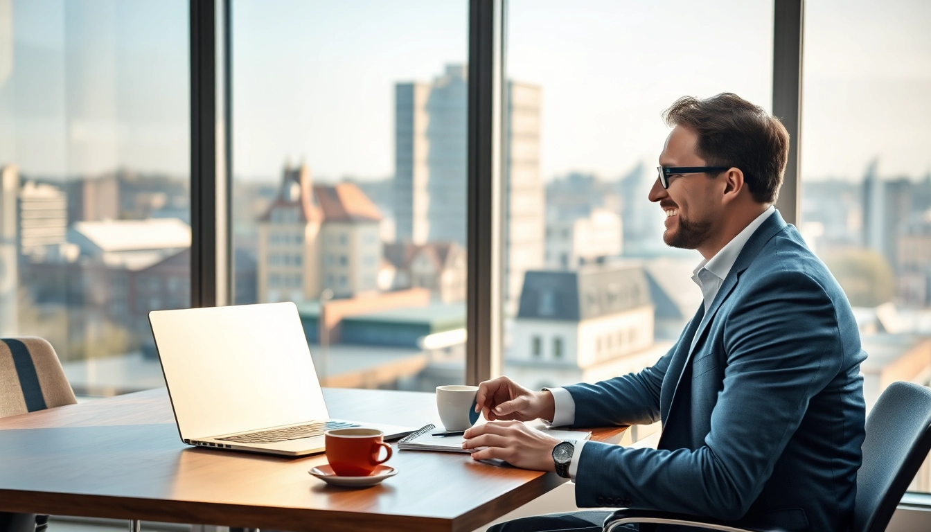 Headhunter Bielefeld berät einen Kandidaten in einem modernen Büro mit Blick auf die Stadt.
