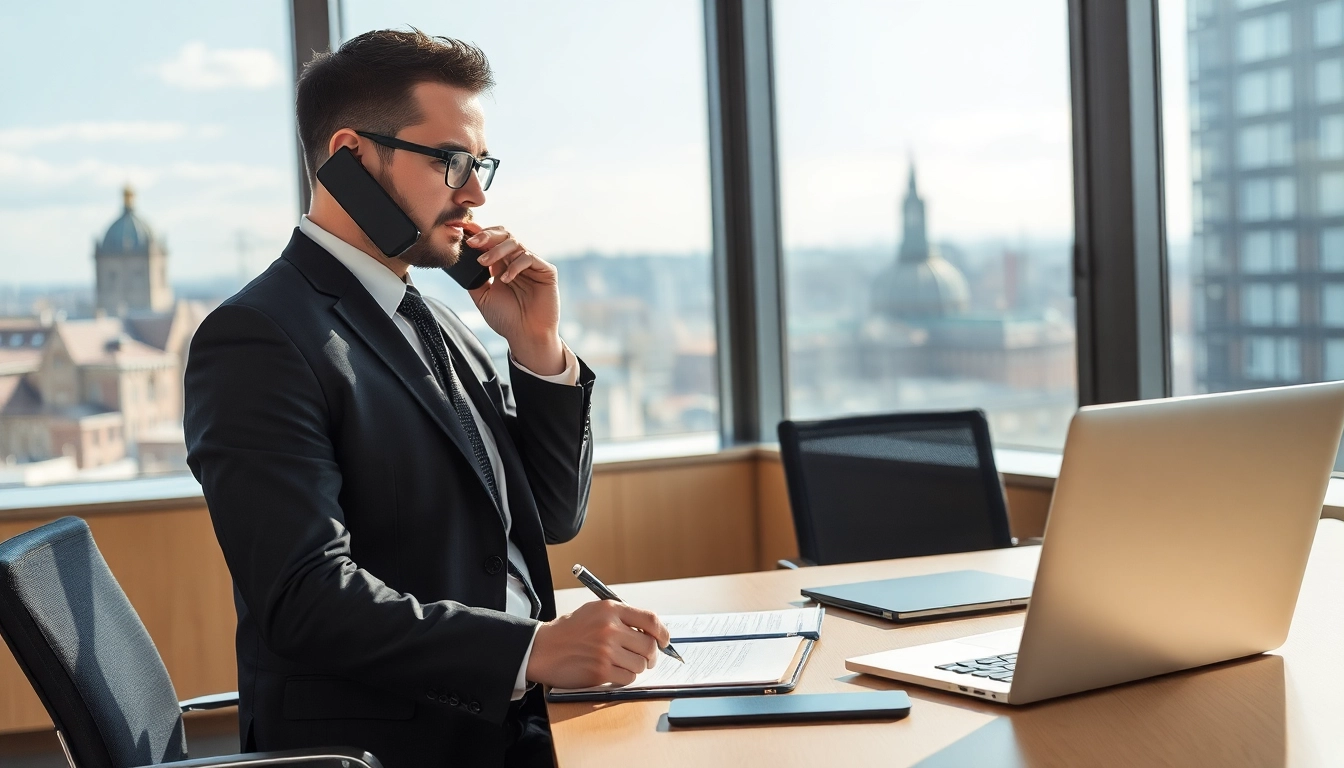 Headhunter Rostock spricht am Telefon in moderner Büroumgebung.