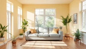 Raumgestaltung mit eleganten Möbeln und natürlichem Licht in einem modernen Wohnraum.