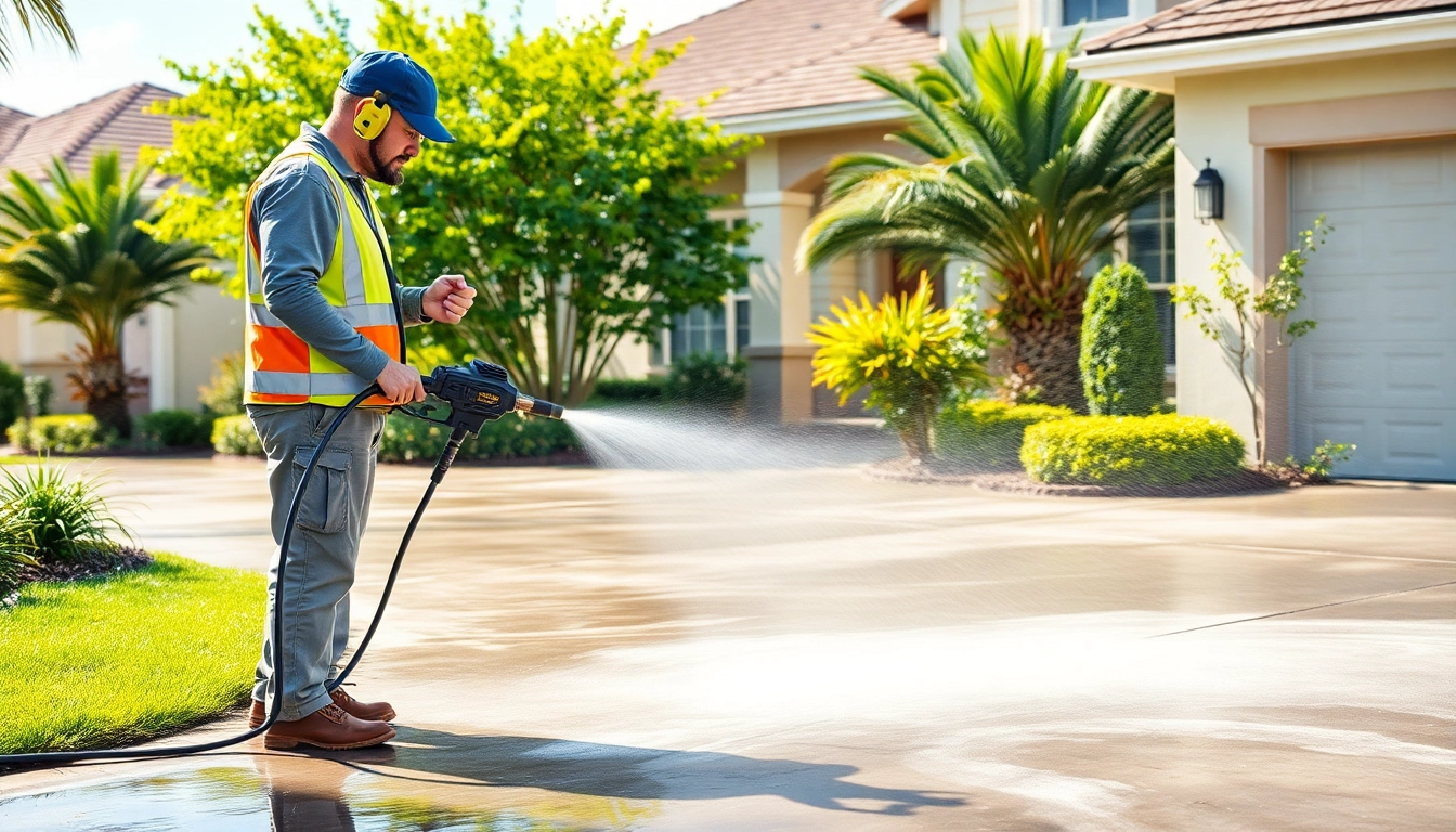 Driveway pressure wash in action, showcasing transformation from dirty to clean.