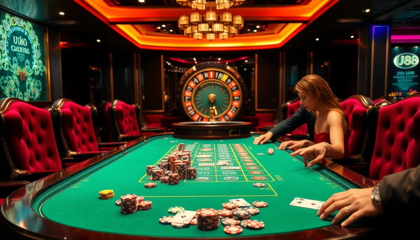 Betting on the U88 gaming table in a luxurious casino setting with vibrant colors.