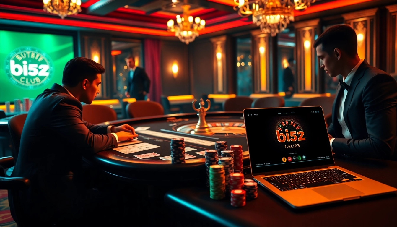 B52 club players enjoying an engaging game at a luxurious casino table with chips and cards.
