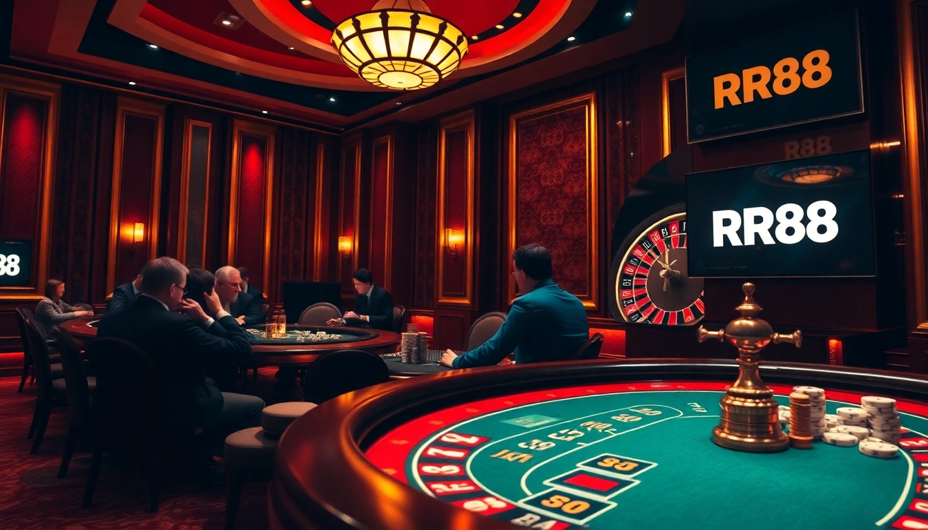 Experience high-stakes action at RR88 casino with poker tables, roulette, and luxury ambiance.