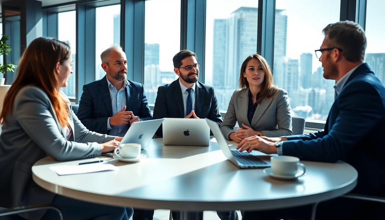 Headhunter IT professionals networking and discussing strategies in a modern office.