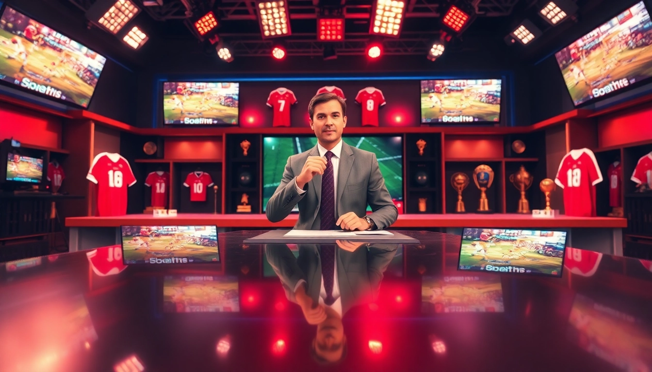 Sports broadcasting anchor presenting live coverage in a modern studio setting.