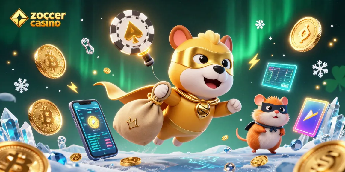Experience the thrill of zoccer casino with a superhero dog and hamster amidst vibrant casino elements.