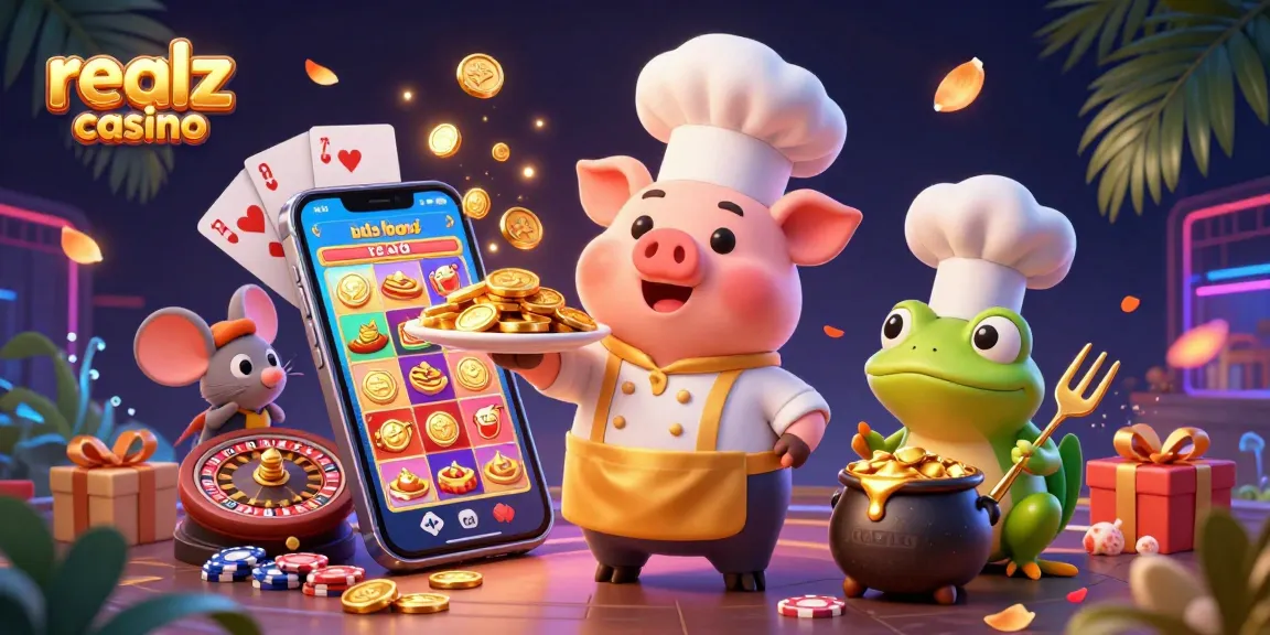 Win big at realz casino with a vibrant 3D scene of playful characters and immersive gaming elements.