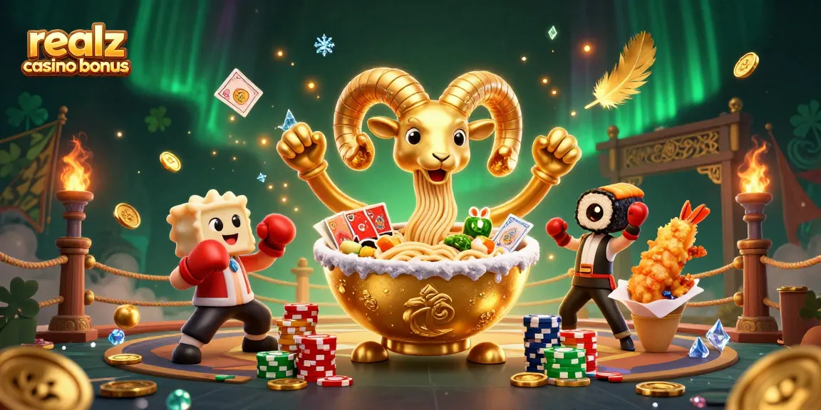 realz casino bonus mit einer dynamischen 3D-Illustration von einer goldenen Ramen-Schüssel, die Karten verteilt