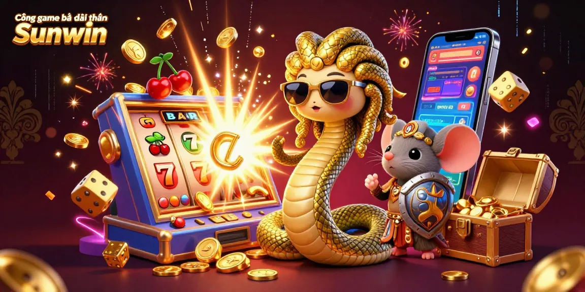 Cổng game bài đổi thưởng Sunwin showcases a vibrant 3D illustration with casino elements bursting to life.