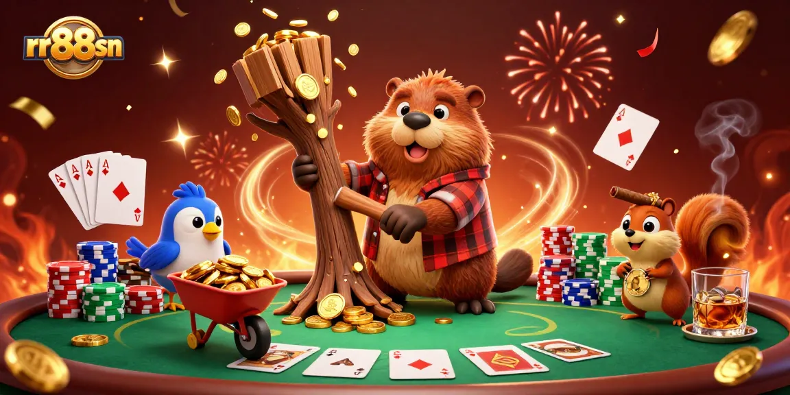 rr88sn enhances the casino experience with a lively 3D illustration of a beaver, bird, and squirrel amidst poker elements.