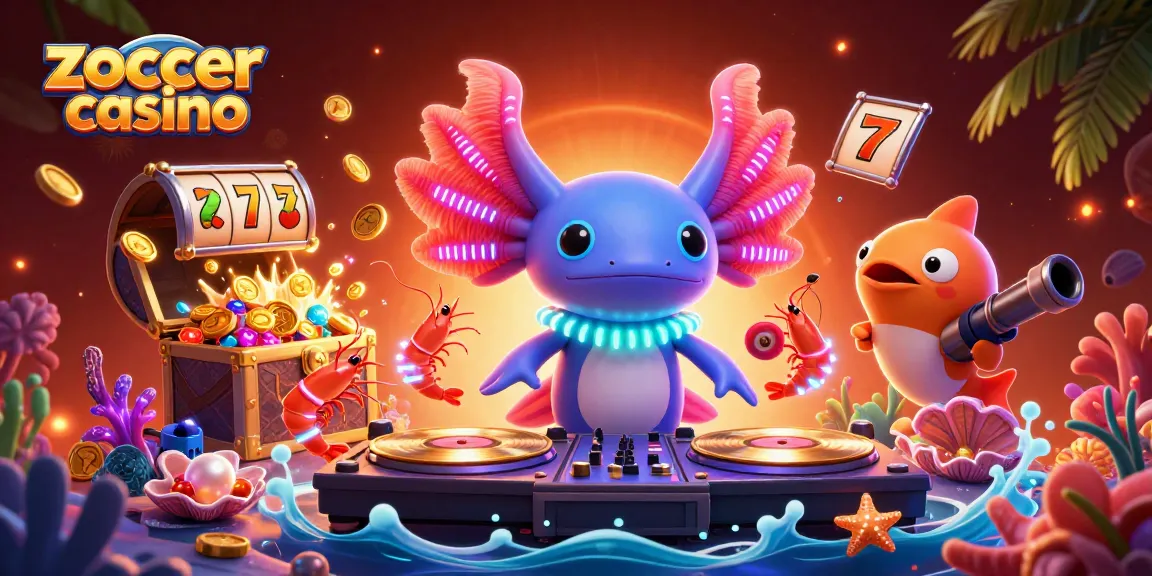 Zoccer casino's vibrant atmosphere featuring a neon axolotl DJ, spinning thrilling reels and bursting treasures.