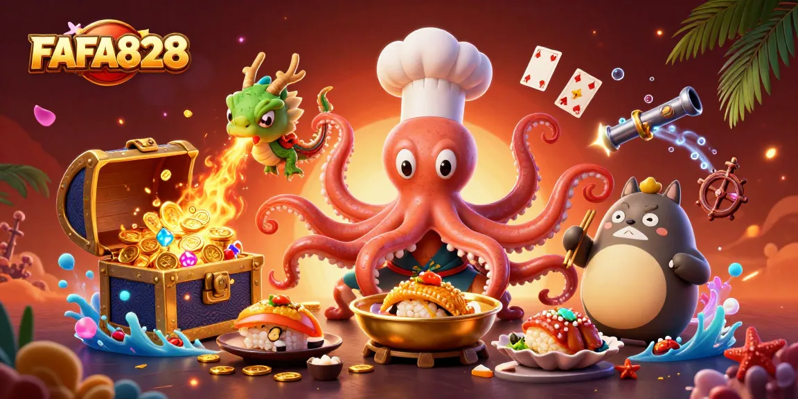 Experience FAFA828's exciting gaming atmosphere with a vibrant 3D casino scene filled with dynamic characters and treasures.